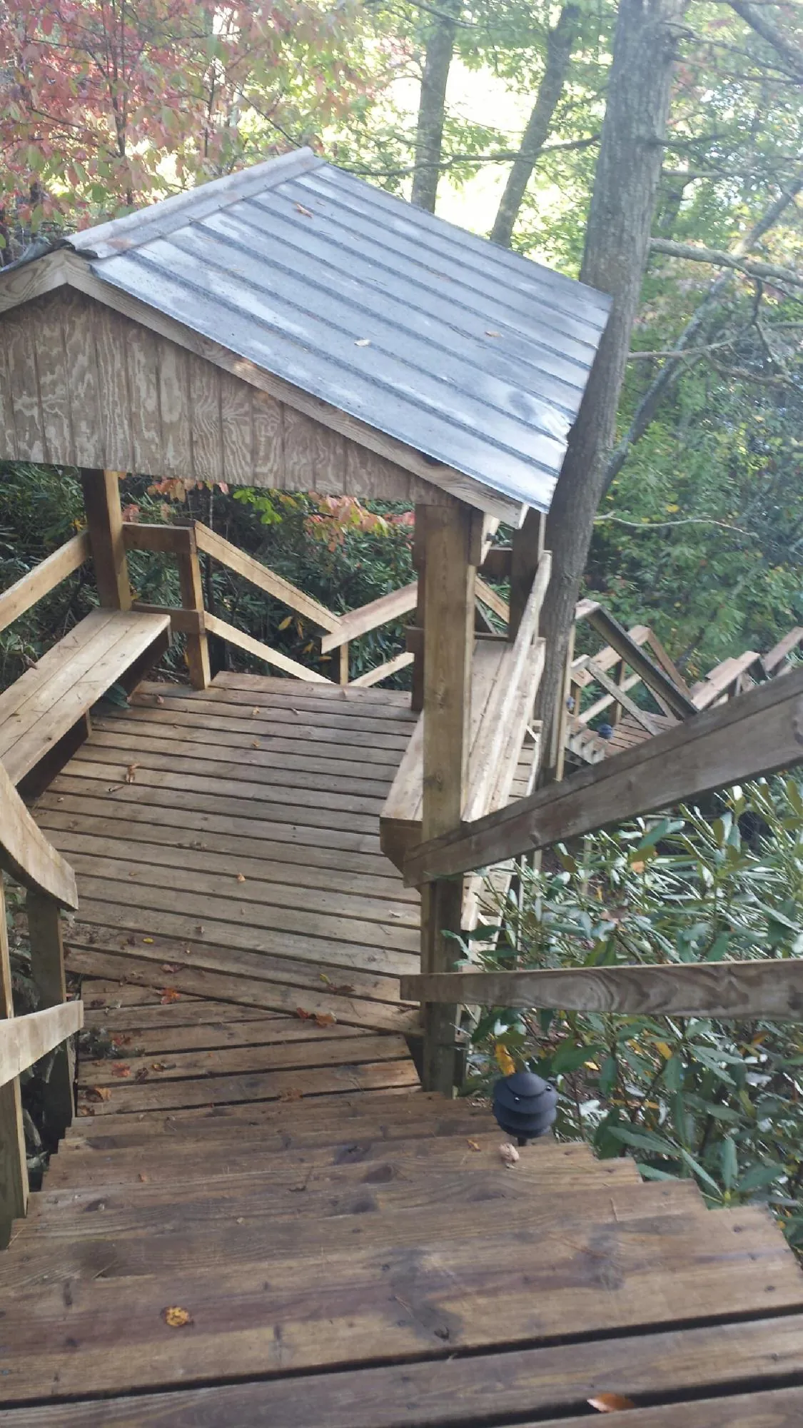 Metal roofed shelter over wooden steps on a wooded walkway — Skylight Repair & Installation work by our crew in South Haven
